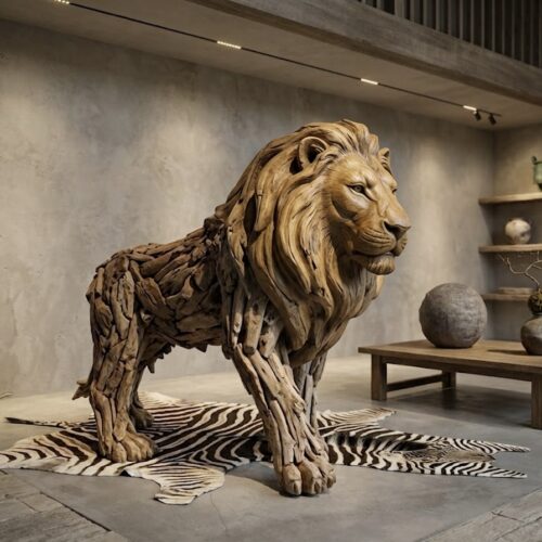 Lopende-leeuw-teakhout Lopende leeuw van massief teakhout, ook als maatwerk of andere afmetingen.