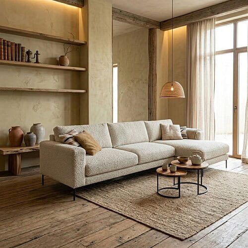 Ein modernes Sofa in einem gemütlichen Wohnzimmer mit natürlichem Lichteinfall und rustikalen Details – perfekt für eine stilvolle und bequeme Sitzecke.