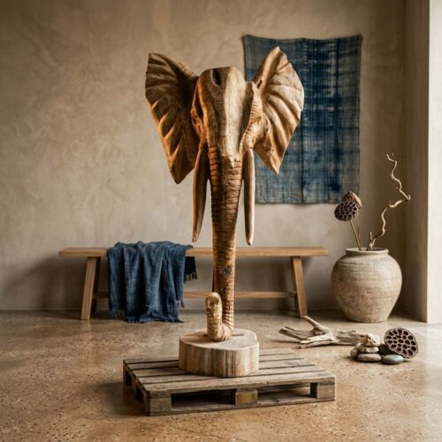 Olifant-staand-200cm-teakhout Olifantenkop teakhout uniek op standaard 200cm hoog
