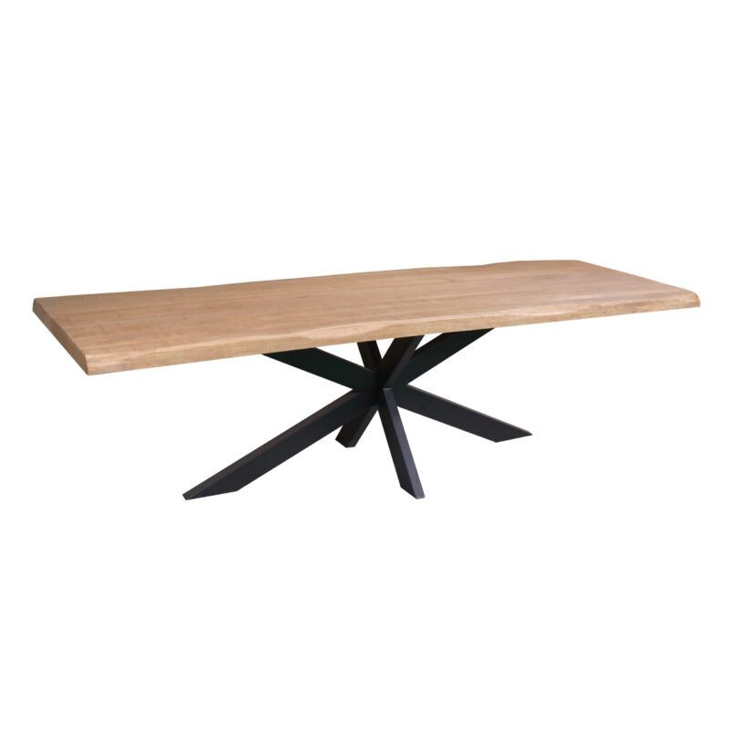 Textuur van boomstamtafel Dakota Naturel Mangohout 240 cm, natuurlijke boomstamrand en metaalpoot