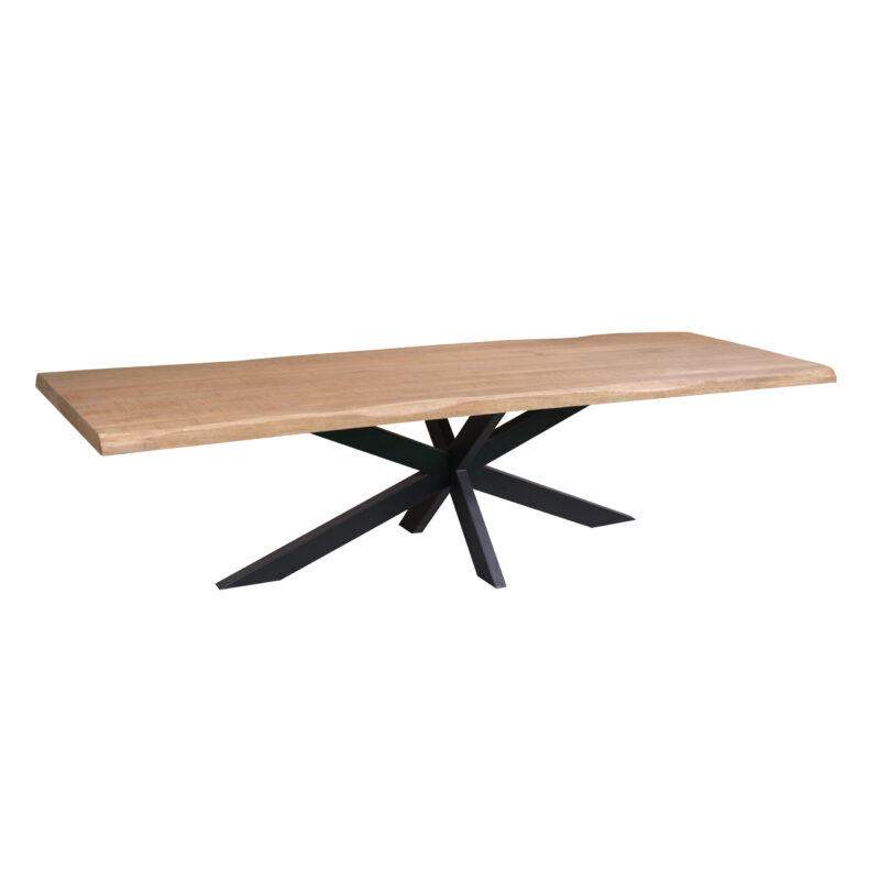 Boomstamtafel Dakota Naturel Mangohout 300 cm vanaf boven, rechthoekig eetkamertafel met natuurlijke boomstamrand en metaalmatrixpoot