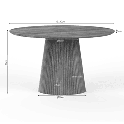 Eettafel Solana van massief hout, 130 cm, in naturel afwerking, perfect voor moderne eetkamers. Robuust ontwerp met een diameter van 130 cm en een hoogte van 76 cm, ideaal voor gezellige diners.