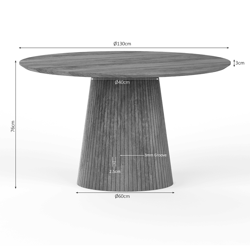 Eettafel Solana van massief hout, 130 cm, in naturel afwerking, perfect voor moderne eetkamers. Robuust ontwerp met een diameter van 130 cm en een hoogte van 76 cm, ideaal voor gezellige diners.