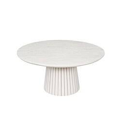 Moderne witte houten eettafel met ronde top en gestreepte basis, perfect voor een eigentijdse eetkamer.