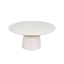 Moderne witte eettafel met ronde top en gestreepte basis, perfect voor een eigentijdse eetkamer.