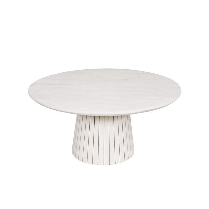 Moderne witte eettafel met ronde top en gestreepte basis, perfect voor een eigentijdse eetkamer.