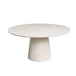 Moderne ronde eettafel met witte afwerking en gestreepte basis, perfect voor een eigentijdse eetkamer of vergaderruimte.