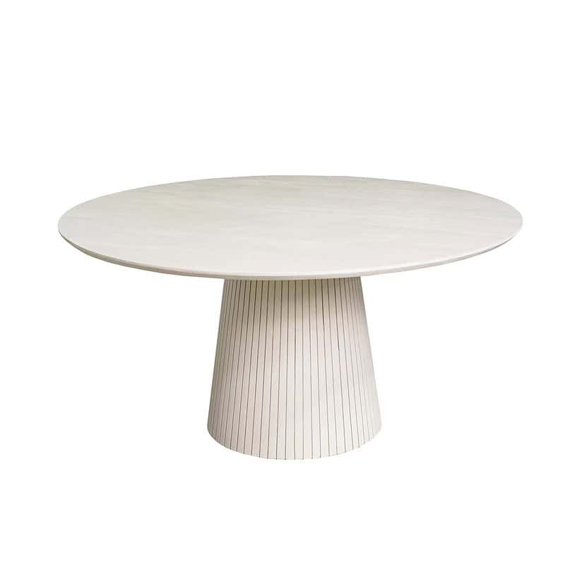 Moderne ronde eettafel met witte afwerking en gestreepte basis, perfect voor een eigentijdse eetkamer of vergaderruimte.