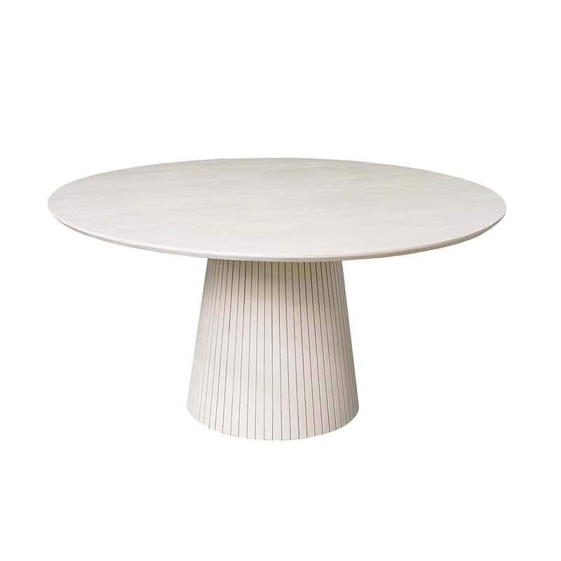 Moderne witte ronde eettafel met gestreepte basis, perfect voor een eigentijdse eetkamer of vergaderruimte, gemaakt van hoogwaardig hout en afgewerkt met een strakke, minimalistische uitstraling.