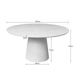 Moderne massief houten eettafel met ronde top en gestileerde basis, perfect voor een stijlvolle eetkamer. Afmetingen: 150cm diameter, 76cm hoog, geschikt voor gezins- en gezelschapsettings.