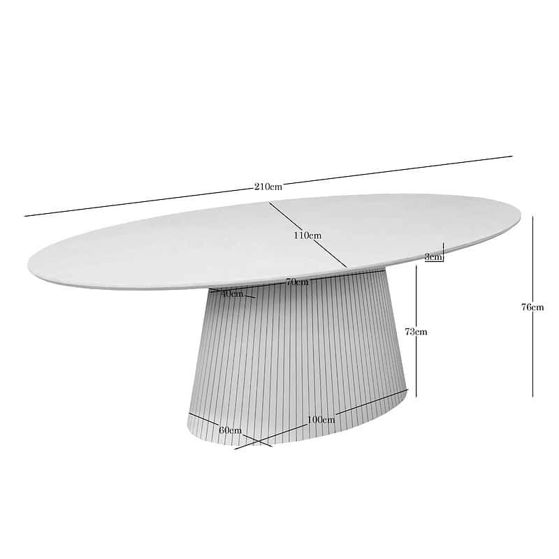 Moderne ovale eettafel met afmetingen en gestileerde basis, perfect voor een eigentijdse eetkamer. Gemaakt van hoogwaardig materiaal, combineert stijl en functionaliteit.