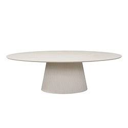 Moderne witte eettafel van Mokana met een gestileerd, cilindrisch onderstel en een langwerpige, ovale tafelblad, perfect voor een eigentijdse eetkamer of vergaderruimte.