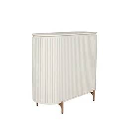 Moderne witte houten buffetkast met verticale lamellenafwerking en houten poten, perfect voor een eigentijdse woonkamer of eetkamer.