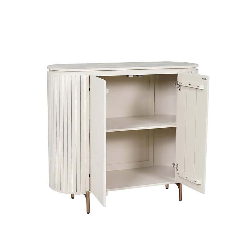 Moderne witte houten kast met schuifdeuren en open vakken, perfect voor woon- of slaapkameropslag. Gemaakt van hoogwaardig hout met een strak design en stevige poten.