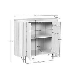 Moderne witte kast met ronde vormen en metalen poten, ideaal voor woon- of slaapkamer, met afmetingen en opbergruimte.