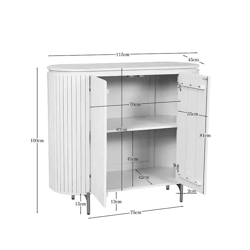 Moderne witte kast met ronde vormen en metalen poten, ideaal voor woon- of slaapkamer, met afmetingen en opbergruimte.