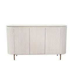 Moderne witte houten buffetkast met verticale lamellen, ideaal voor woonkamer of eetkamer, biedt opbergruimte en stijlvolle uitstraling.