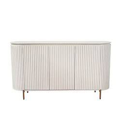 Strakke witte buffetkast met verticale lamellen, perfect voor een moderne woonkamer of eetkamer, gemaakt door Mokana Meubelen.