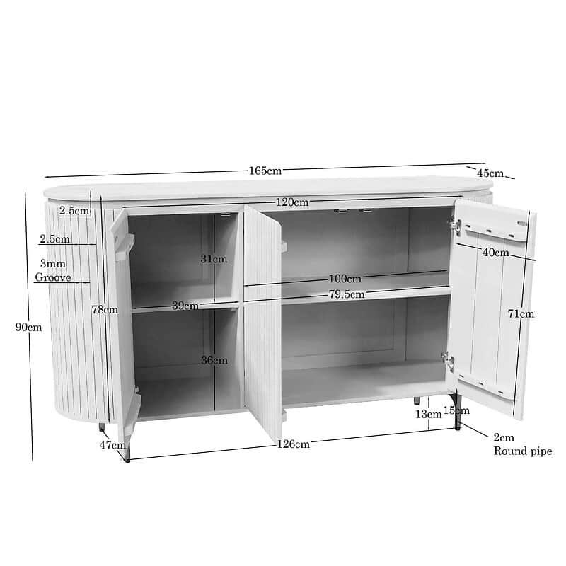 Moderne witte Mokana meubel met opbergruimte, inclusief kastdeuren en planken, ideaal voor woonkamer of slaapkamer.