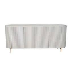 Moderne witte wandkast met verticale lamellen en houten poten, perfect voor een strakke en stijlvolle inrichting.