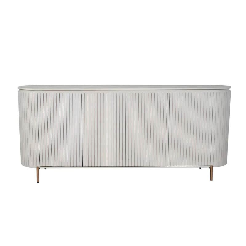 Moderne witte wandkast met verticale lamellen en houten poten, perfect voor een strakke en stijlvolle inrichting.