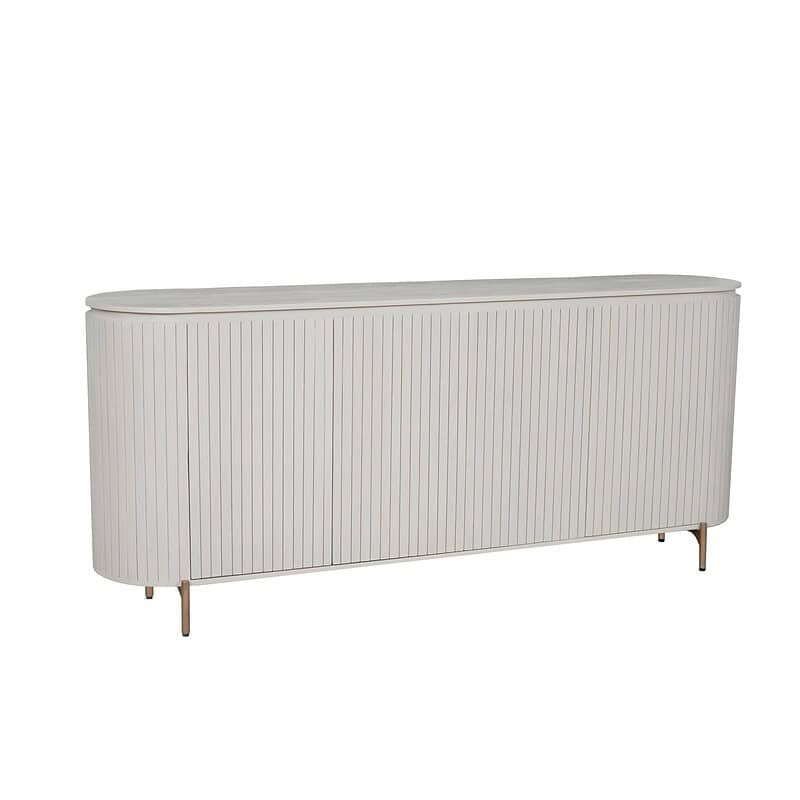 Moderne witte houten dressoir met verticale lamellen, perfect voor een eigentijdse woonkamer of slaapkamer, biedt ruime opbergruimte en een strakke uitstraling.