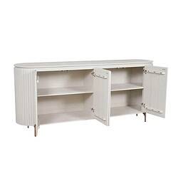 Wit dressoir met open kastdeuren en houten poten, perfect voor moderne woonruimtes, biedt ruime opbergruimte en stijlvolle uitstraling.