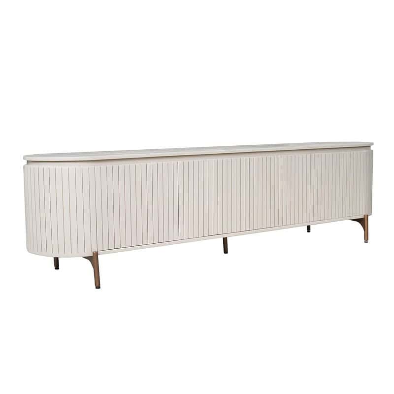 Elegant wit dressoir met verticale lamellen en houten poten, perfect voor een moderne woonkamer of slaapkamer. Hoogwaardige afwerking en ruim opbergvlak voor stijl en functionaliteit.