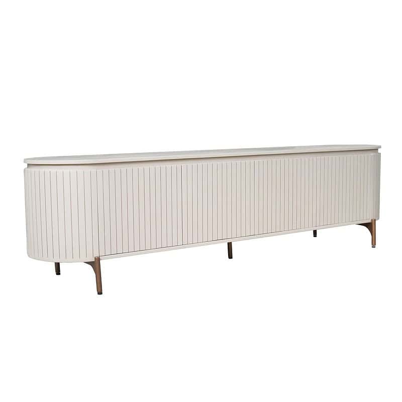 Houten dressoir met verticale lamellen, modern en stijlvol meubelstuk voor woonkamer of eetkamer, gemaakt van hoogwaardig hout met een elegante afwerking.