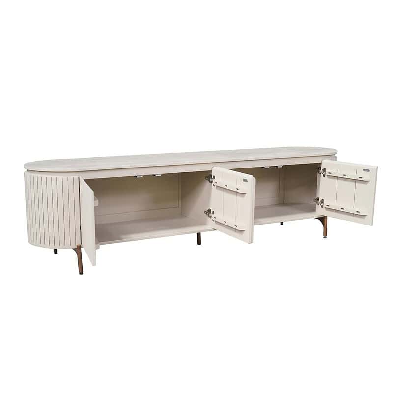 Elegant wit houten dressoir met opbergruimte en dubbele deuren, perfect voor moderne woonkamers en eetkamers. Gemaakt van hoogwaardig hout met een strak design en stevige poten.