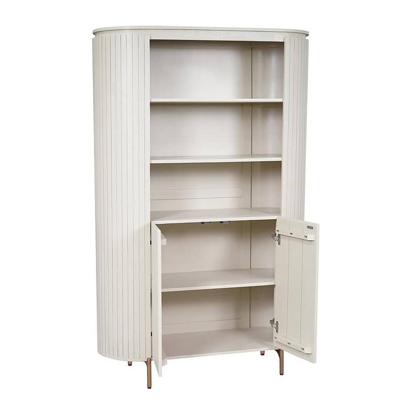 Kast met schuifdeuren en open vakken, perfect voor opbergen en organiseren in huis of kantoor. Gemaakt van hoogwaardig hout met een elegante witte afwerking, geschikt voor diverse interieurstijlen.