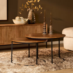 Salontafel Madison Natural, massief mangohout, zwarte frames, ronde salontafel set