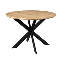 Eiken eettafel Ferris, ronde tafel van 110 cm diameter in naturel hout, met zwart metalen onderstel, perfect voor moderne eetkamers.