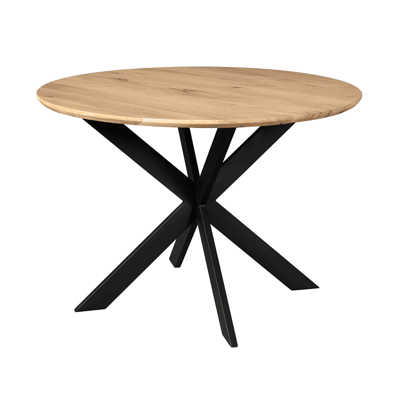 Eiken eettafel Ferris, ronde tafel van 110 cm diameter in naturel hout, met zwart metalen onderstel, perfect voor moderne eetkamers.