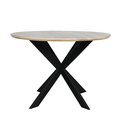 Eiken eettafel Ferris met ronde vorm en natuurlijke afwerking, 110 cm diameter, modern design met zwart metalen onderstel, perfect voor eetkamers.