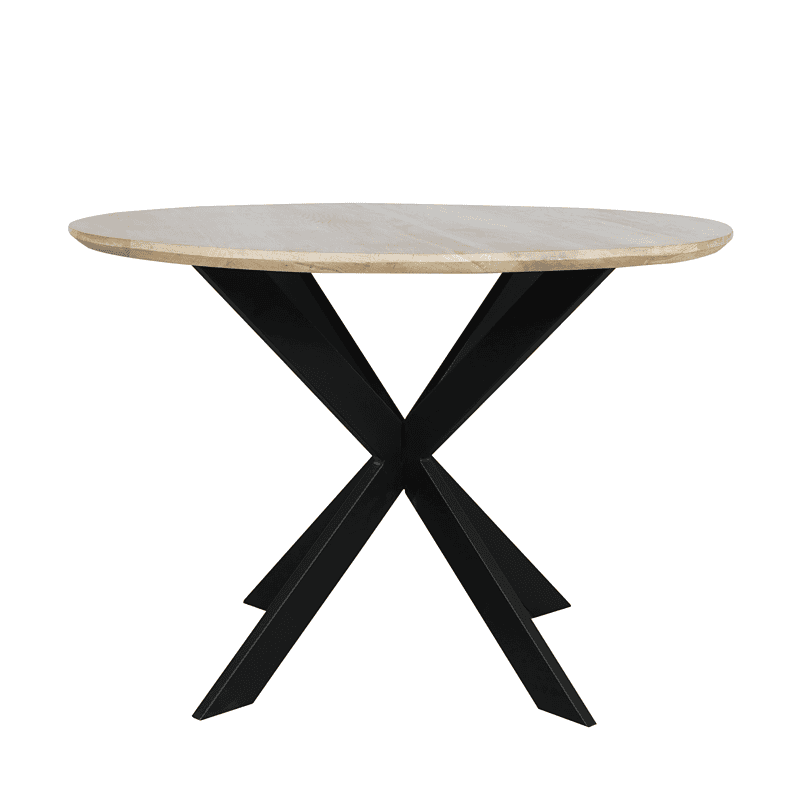 Eiken eettafel Ferris met ronde vorm en natuurlijke afwerking, 110 cm diameter, modern design met zwart metalen onderstel, perfect voor eetkamers.