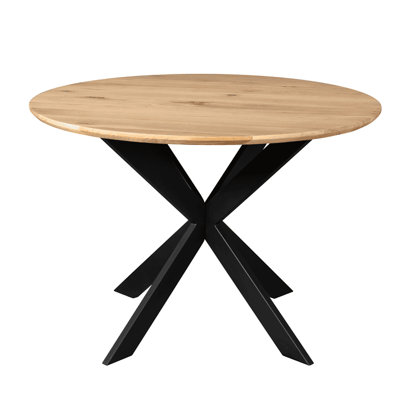 Ronde eiken eettafel Ferris met natuurlijke afwerking, 110 cm doorsnede, perfect voor moderne eetkamers en gezellige bijeenkomsten.