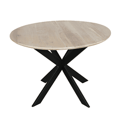 Ronde eiken eettafel Ferris met een natuurlijke afwerking en een zwart metalen onderstel, perfect voor moderne eetkamers.