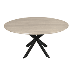 Eiken eettafel Ferris met ronde vorm en zwart onderstel, 110 cm diameter, perfect voor moderne eetkamers.