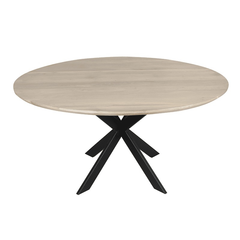 Eiken eettafel Ferris met ronde vorm en zwart onderstel, 110 cm diameter, perfect voor moderne eetkamers.