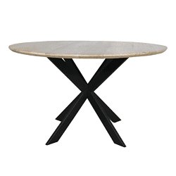 Eiken eettafel Ferris met ronde vorm en naturel afwerking, 110 cm diameter, modern design met zwart metalen onderstel, perfect voor gezellige eethoeken.