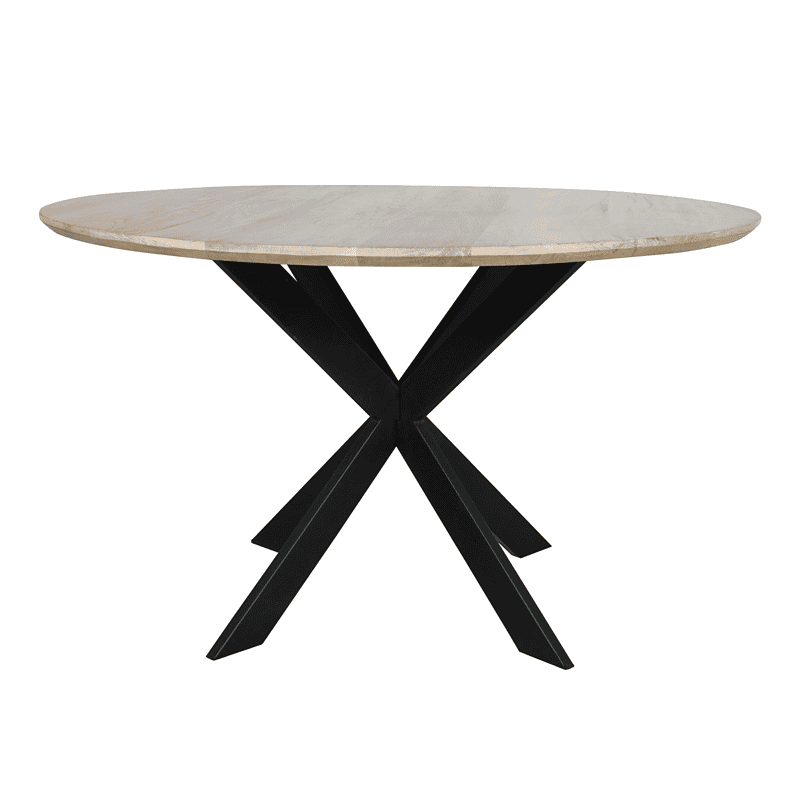 Eiken eettafel Ferris met ronde vorm en naturel afwerking, 110 cm diameter, modern design met zwart metalen onderstel, perfect voor gezellige eethoeken.