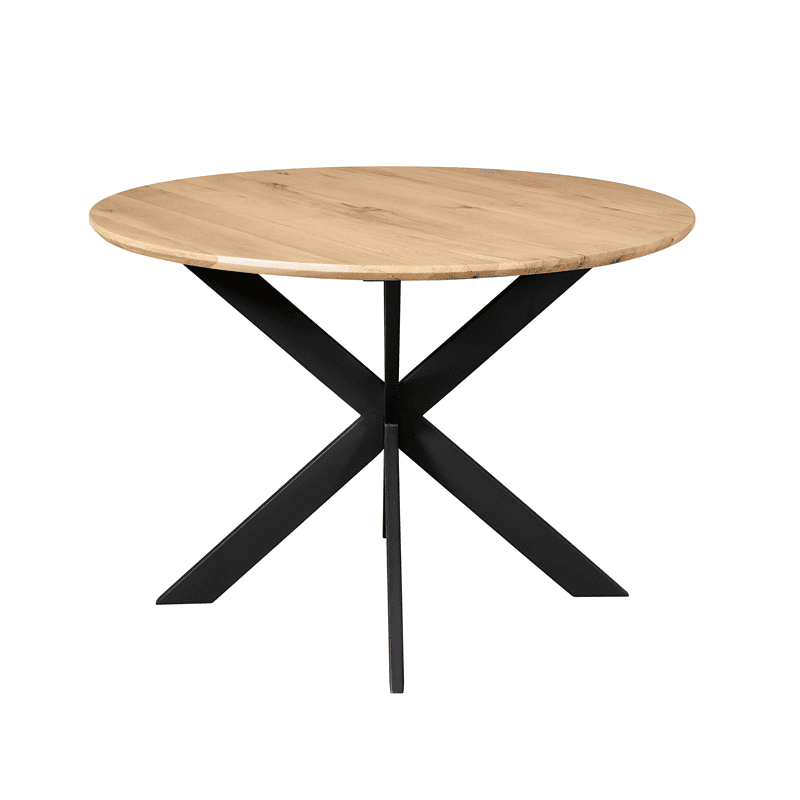 Eiken eettafel Ferris met ronde vorm en zwart metalen onderstel, 110 cm diameter, perfect voor moderne eetkamers.