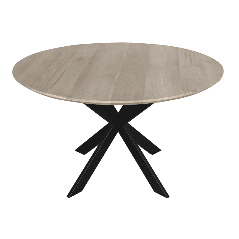 Eiken eettafel Ferris in rond vorm, 110 cm diameter, met zwart metalen onderstel, perfect voor moderne eetkamers.