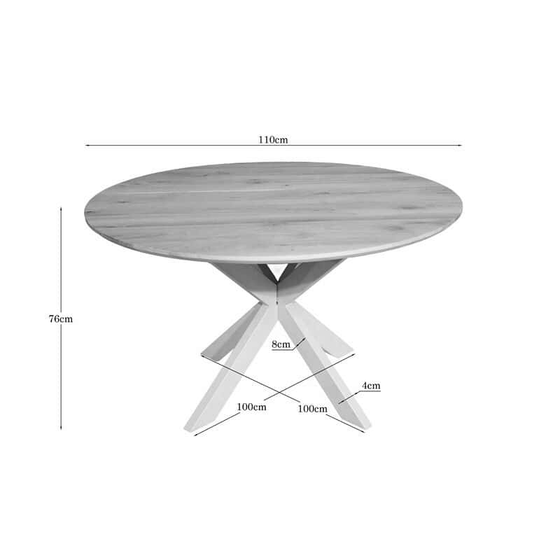 Eiken eettafel Ferris met ronde top van 110 cm en zandkleurige poten, perfect voor moderne eetkamers. Duurzaam en stijlvol design voor gezellige maaltijden.