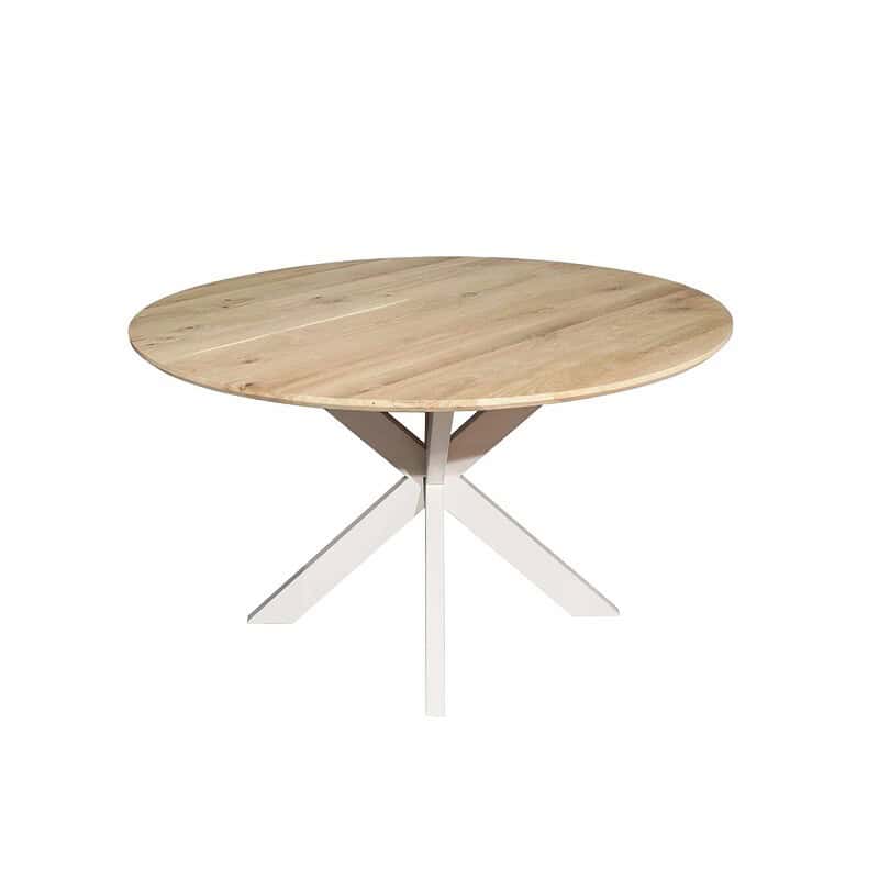 Eiken eettafel Ferris met ronde vorm, 110 cm diameter, naturel afwerking en Sand poot, perfect voor moderne eetkamers.