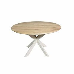 Eiken eettafel Ferris met ronde vorm, 110 cm diameter, naturel eikenhout met witte poot Sand, perfect voor moderne eetkamers.