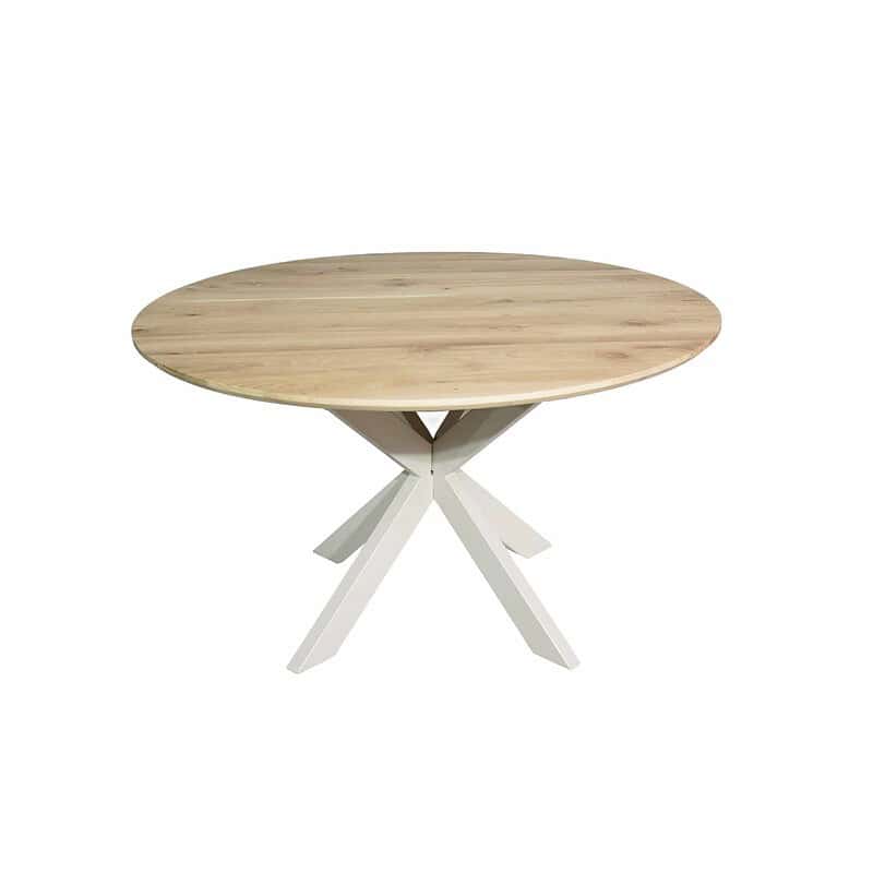 Eiken eettafel Ferris met ronde vorm, 110 cm diameter, naturel eikenhout met witte poot Sand, perfect voor moderne eetkamers.