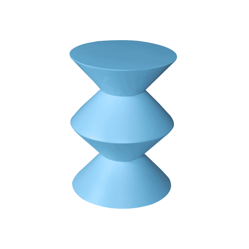 Moderne blauwe bijzettafel van Mokana, uniek ontwerp met drie conische segmenten, perfect voor een eigentijdse woonkamer of kantoor.