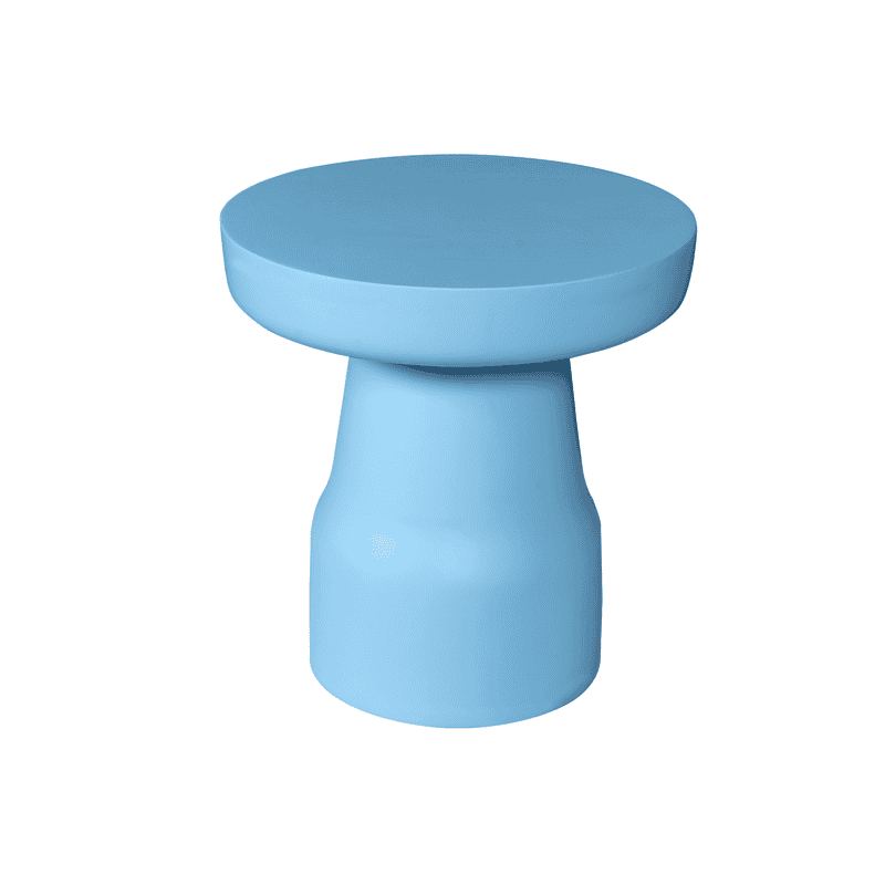 Lichtblauwe houten bijzettafel met ronde top en stevige basis, modern design, perfect voor woonkamer of slaapkamer.